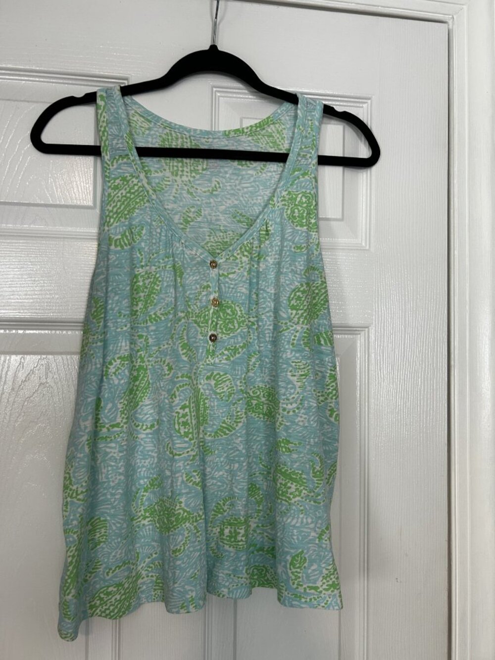 Lilly Pulitzer Racerback Henley Tank Top Aqua Green Print 100% Cotton Size S